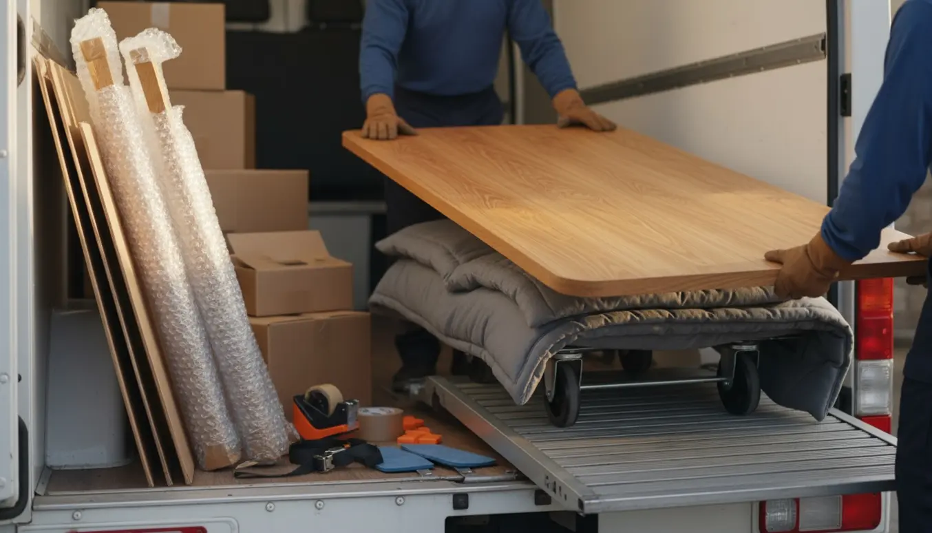 Bordplade uden ben pakket med flyttetæpper og bobleplast, læsses ind i en flyttebil.