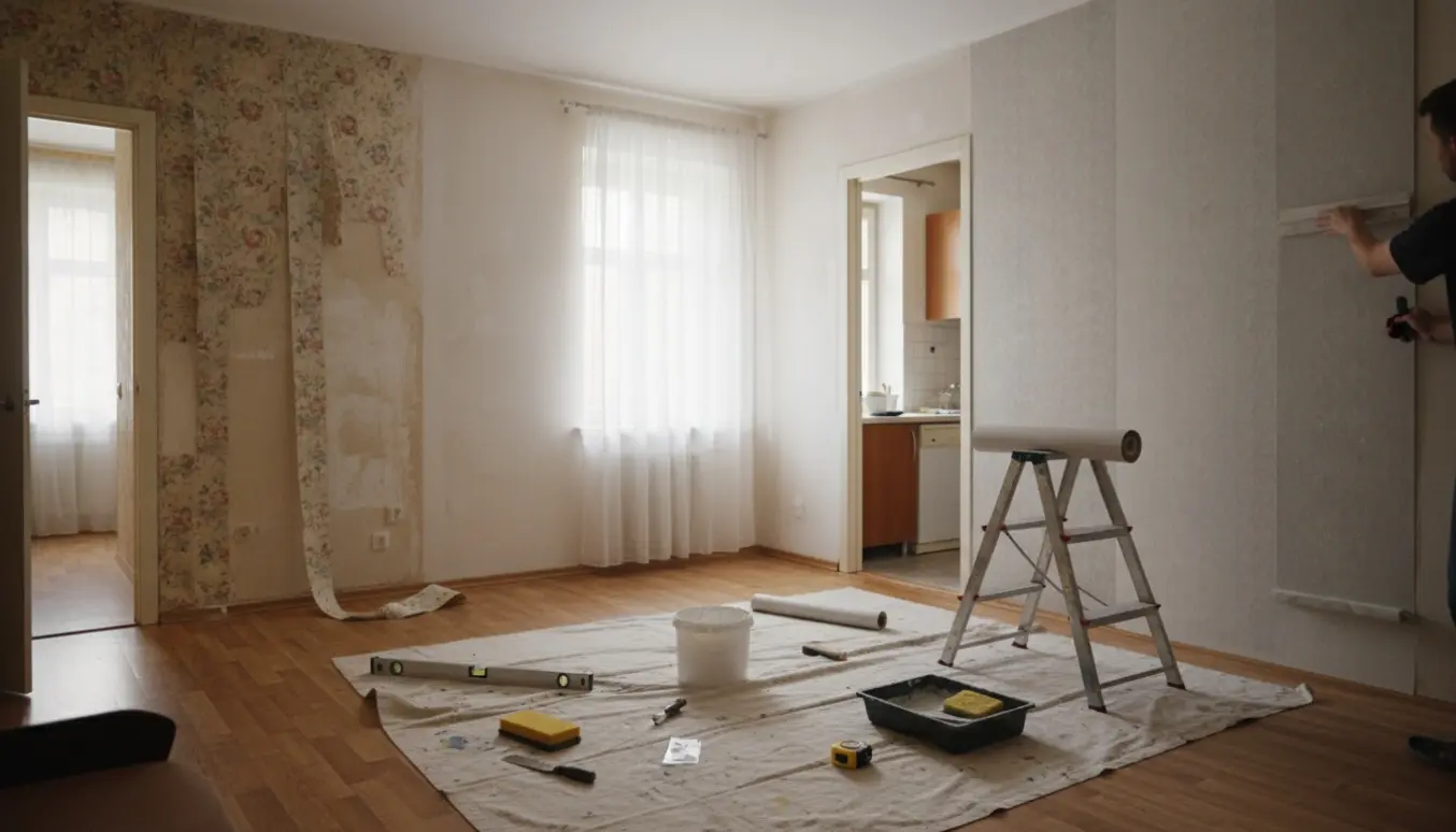 Indvendigt billede af en lille lejlighed, hvor gammelt tapet fjernes og nyt tapet opsættes med værktøj som spartel, spand og stige.
