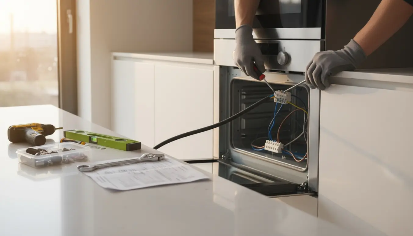 Håndværker tilslutter en indbygget elovn i et køkken med fokus på hænder og værktøj.