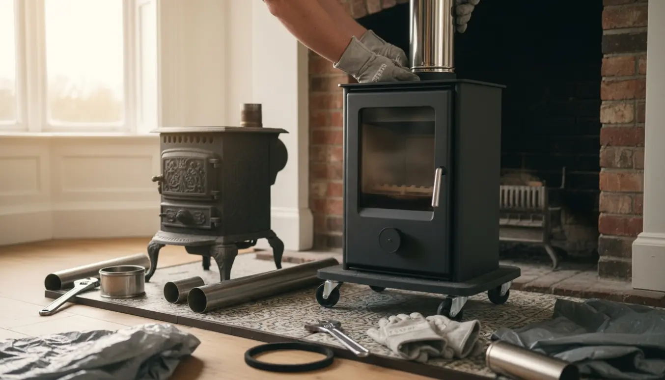 Ny mat sort brændeovn på en transportvogn ved åben ildsted med afmonteret gammel ovn og monteringsværktøj.