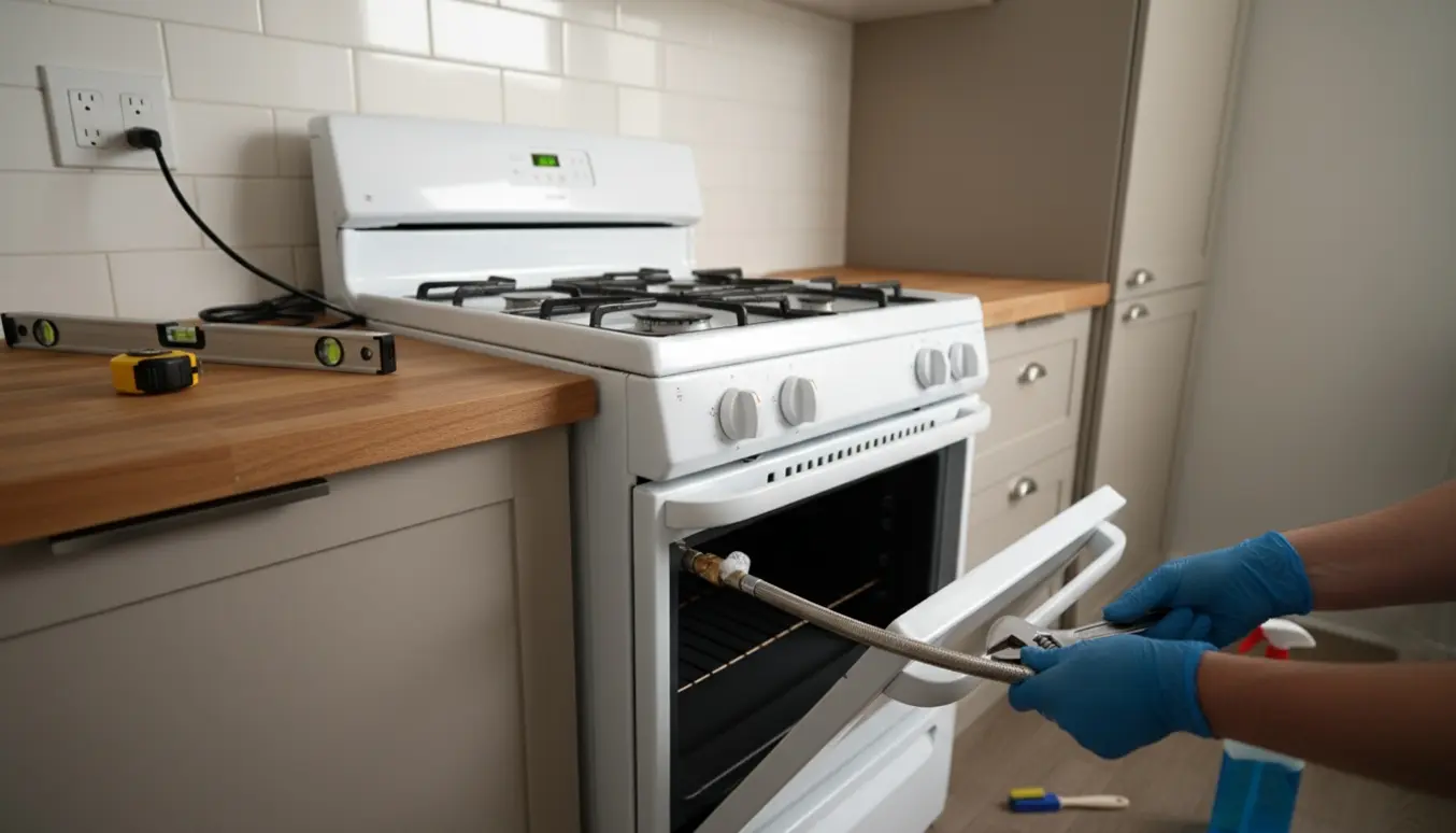 Nærbillede af hænder, der tilslutter en gasledning til et fritstående gaskomfur i et lyst lejlighedskøkken.