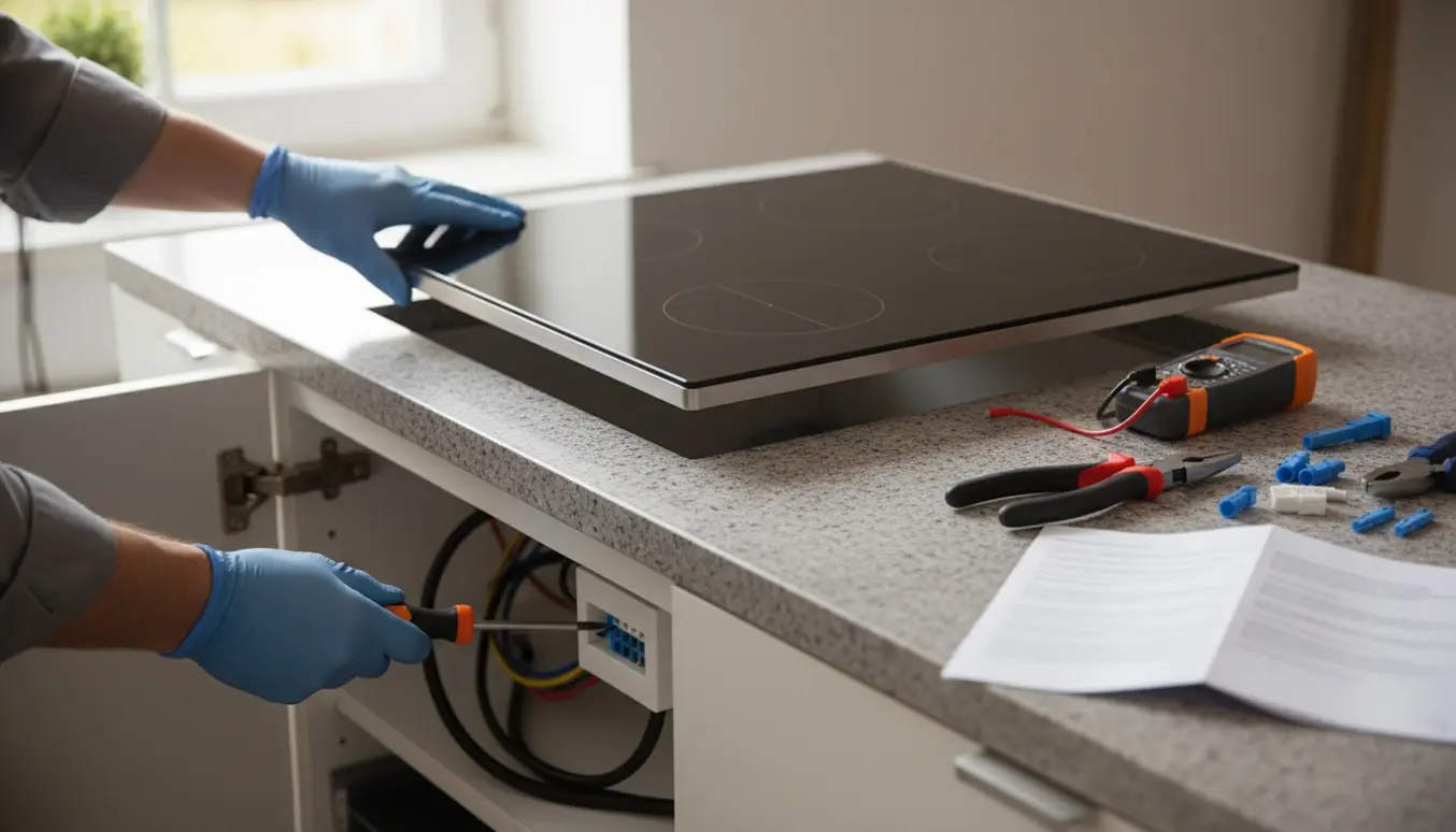En installatør sænker en induktionskogeplade ned i et udskåret køkkenbord med ledninger og værktøj ved siden af.