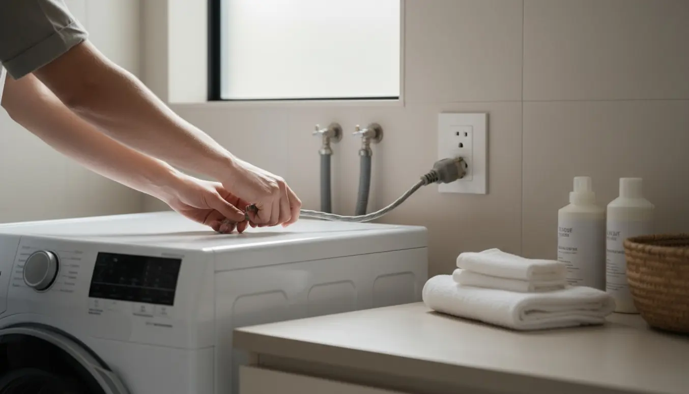Hænder forbinder vaskemaskinens strømstik til en stikkontakt i et lyst, ryddeligt badeværelse.