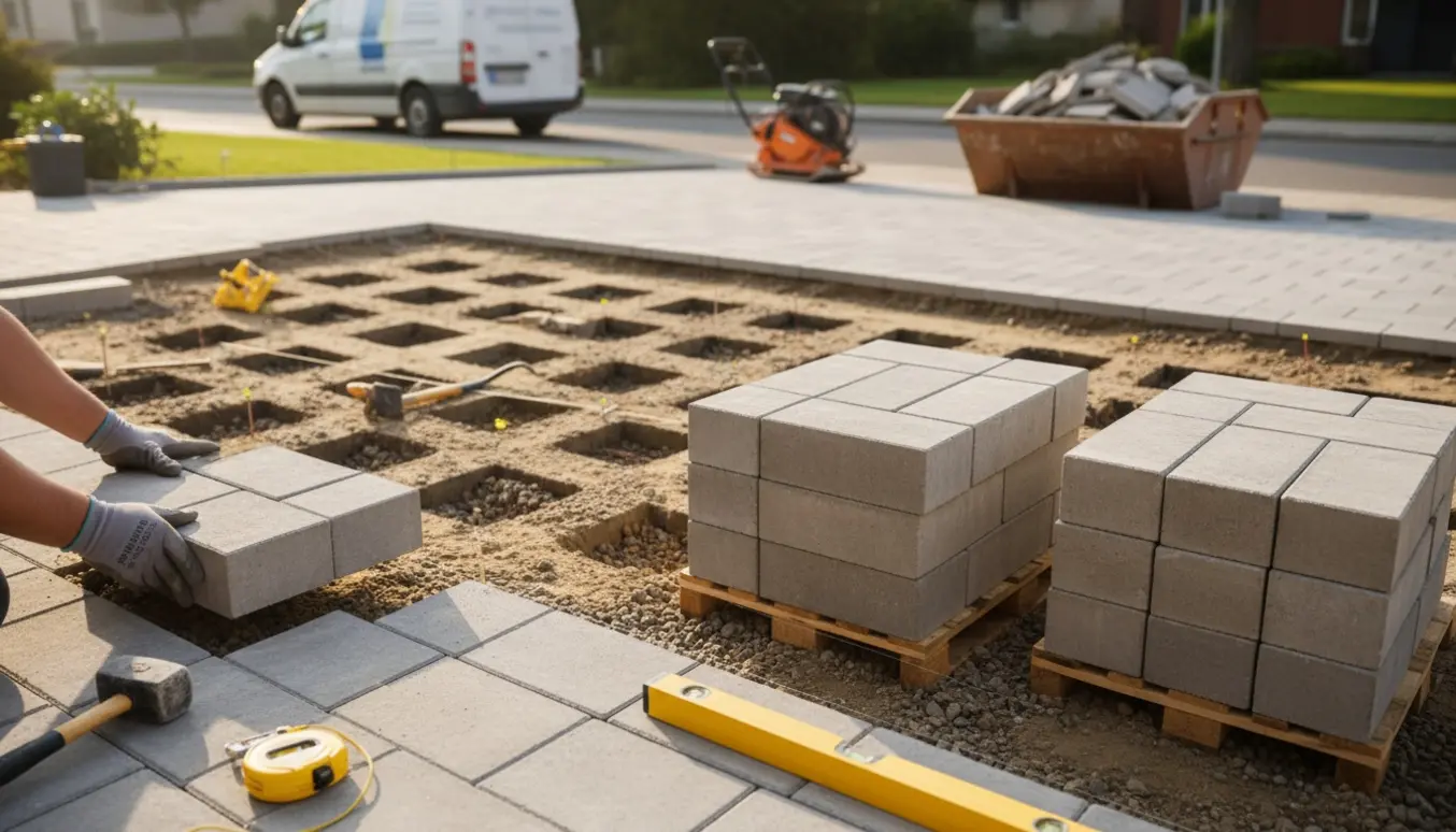Fortov og indkørsel under renovering med store rektangulære fliser, to bunker i forskellig tykkelse og byggeværktøj i dagslys.