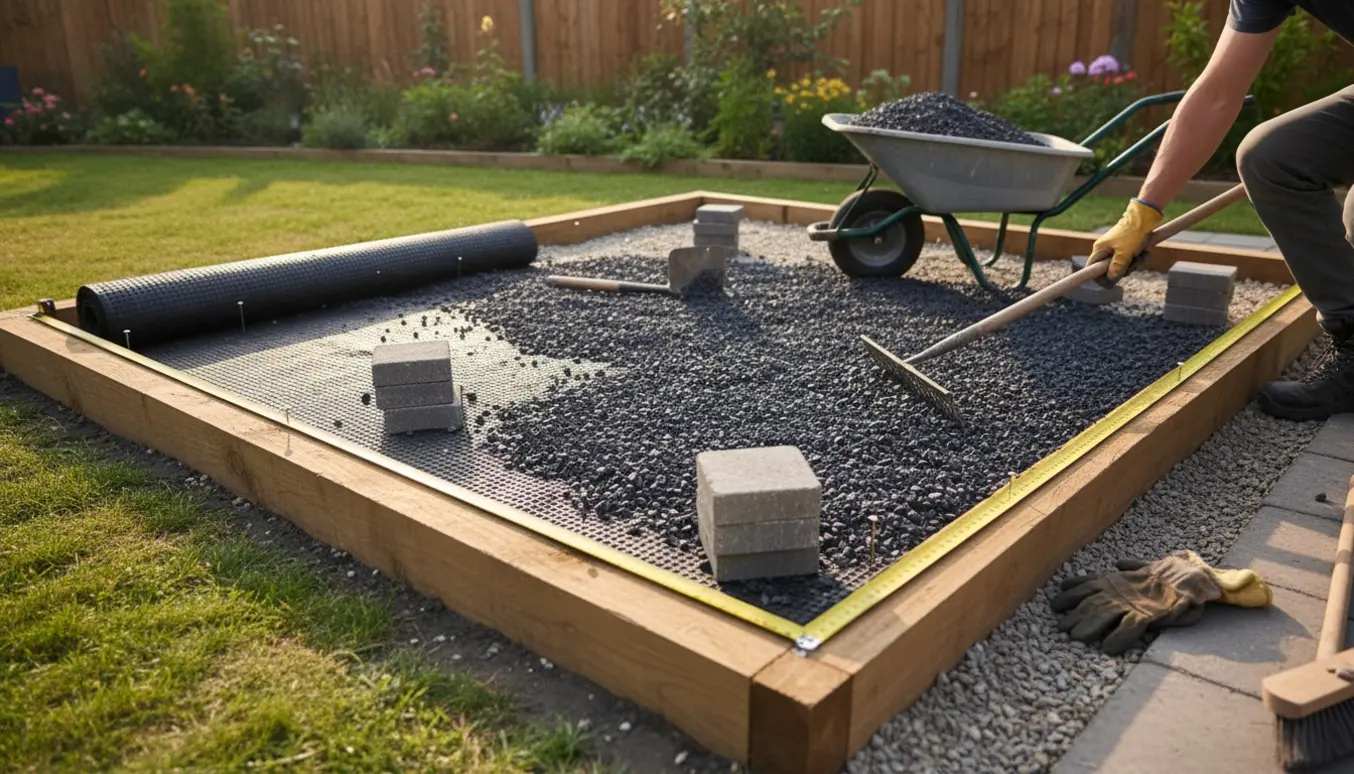 Et 7x3 m parkeringsareal med sort grus lagt over ukrudtsdug og værktøj ved siden af.