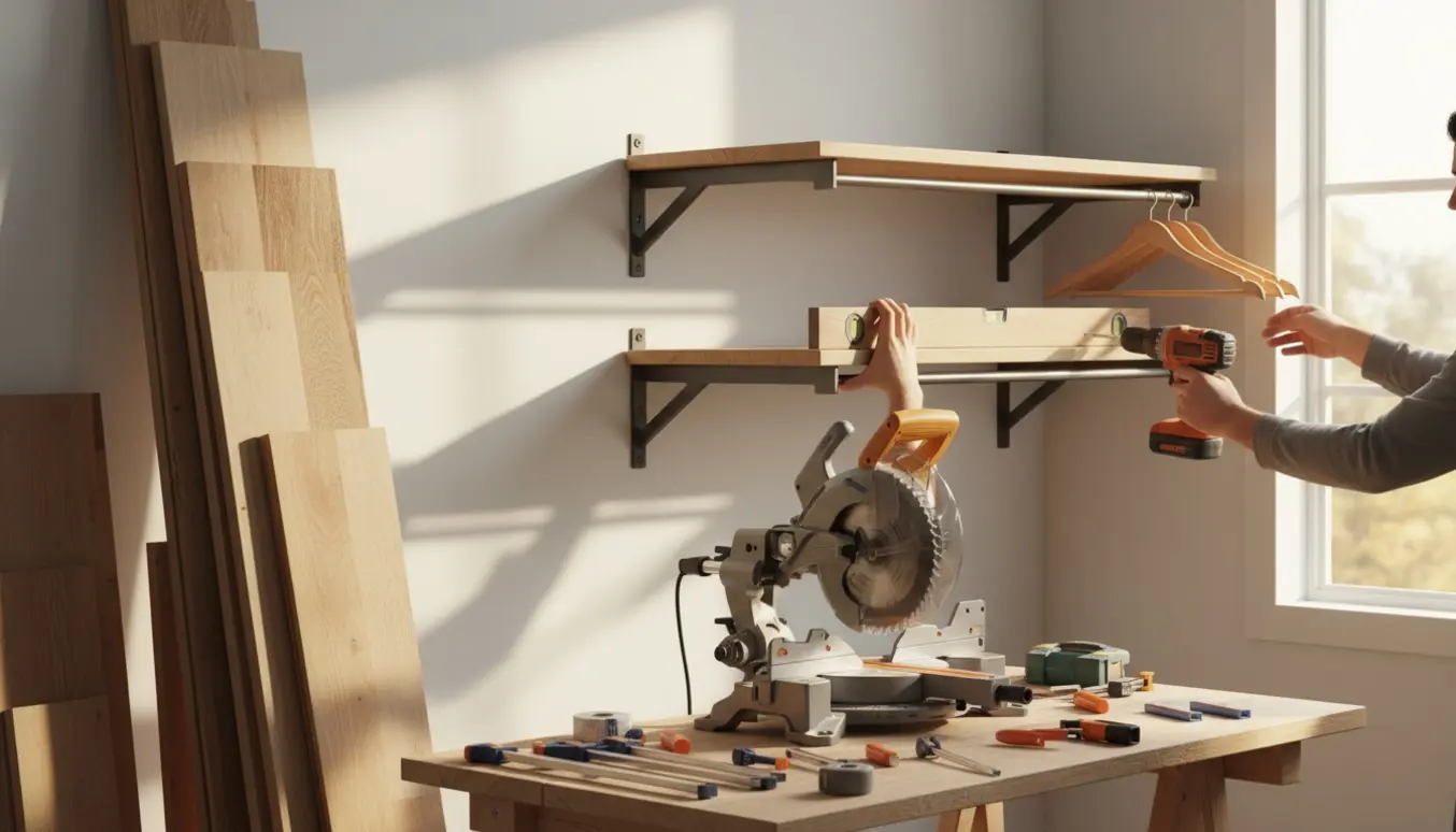 Hænder monterer hylder og to tøjstænger på en væg med savet træ og værktøj i en lys hjemmeworkshop.