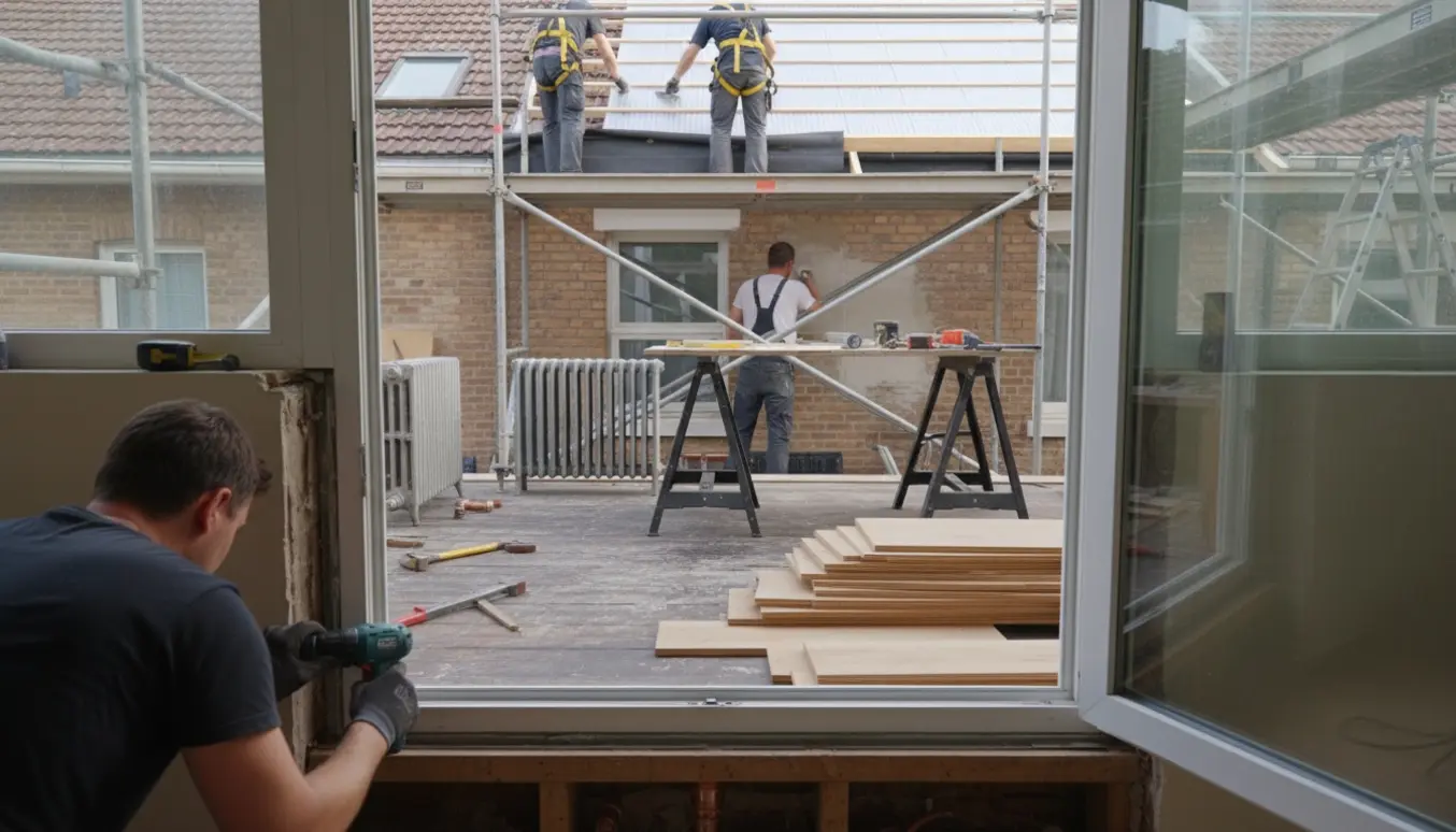 Udestue under renovering med nye gulv-til-loft vinduesrammer, arbejdshold, tagpap og byggematerialer.