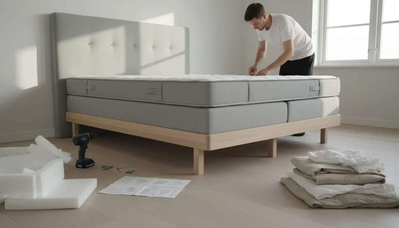 Hænder samler en kontinentalseng i et lyst, skandinavisk soveværelse med værktøj og dele spredt omkring.