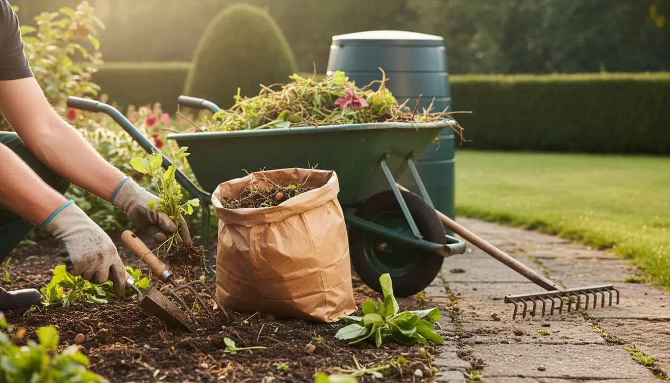 Hænder med handsker fjerner ukrudt og læsser haveaffald i trillebør i en solrig have.