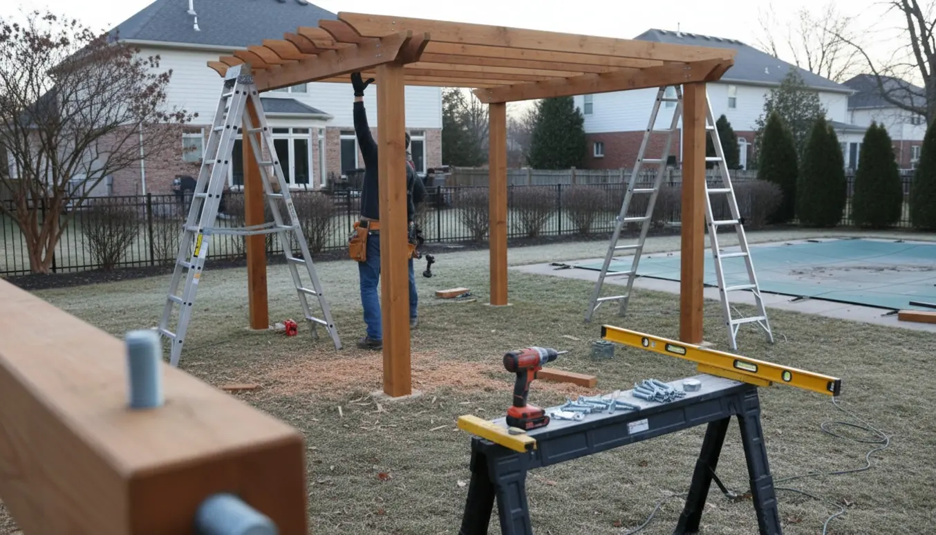 Delvist monteret træpergola i baghaven i februar med værktøj og handsker synlige.