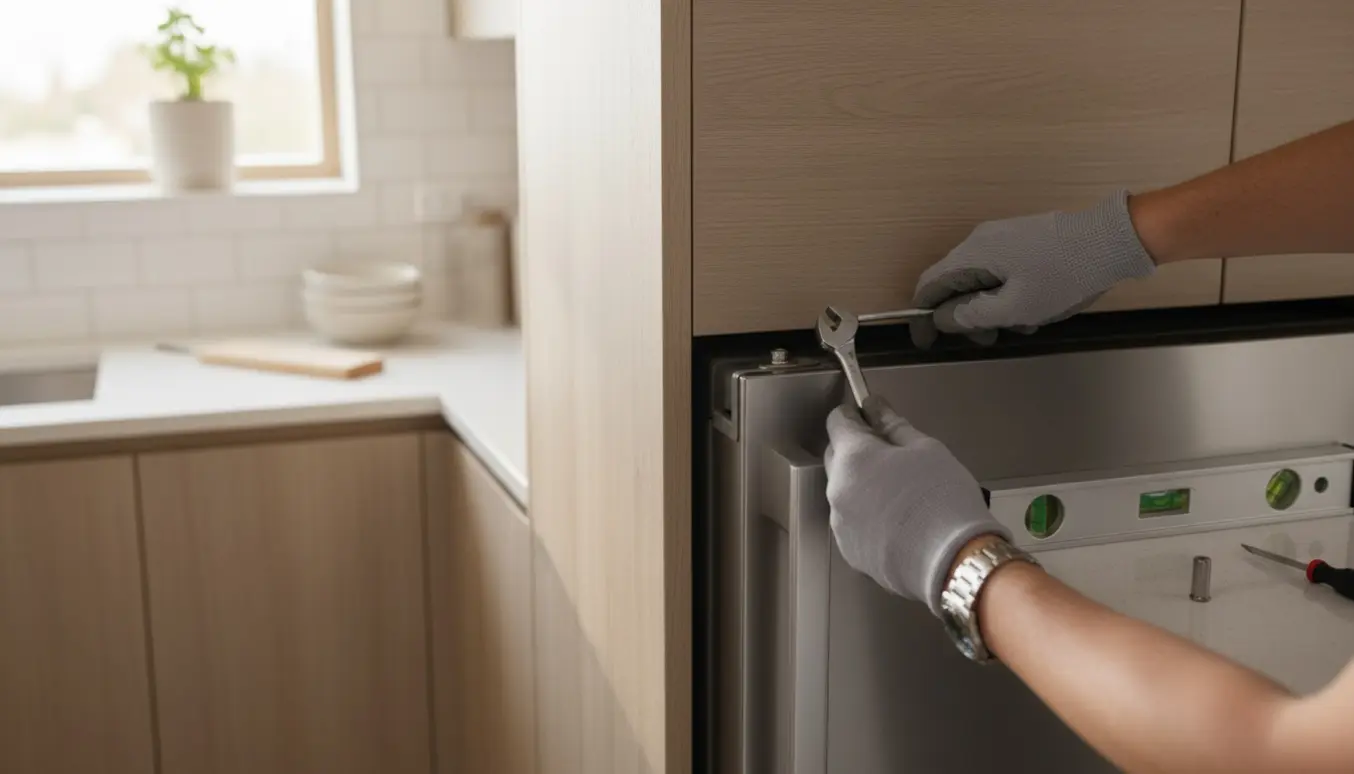Nærbillede af hænder, der justerer hængslet på en indbygget køleskabsdør med værktøj.