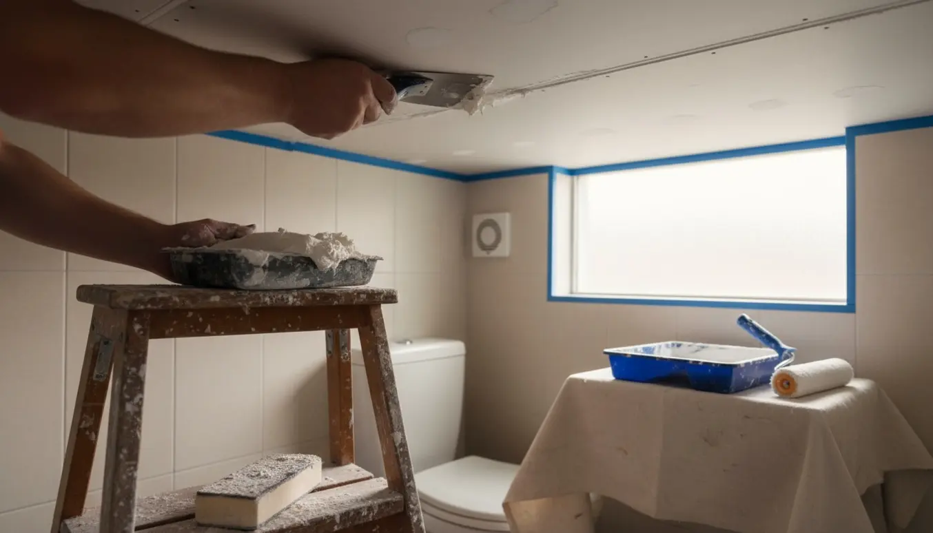 Hænder spartler og maler et nyt gipsloft i et lille flisebadeværelse.