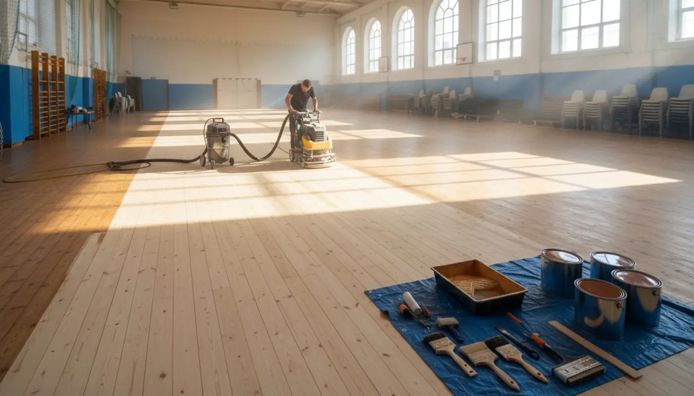 Ryddet gymnastiksal med fyrretrægulv under slibning, slibemaskine og åbne dåser med mørk lak.