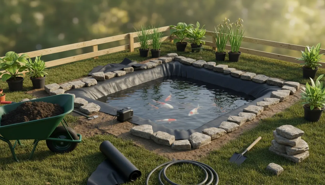 Byggeproces af et lille havefiskebassin med folie, kantsten, pumpe og planter.