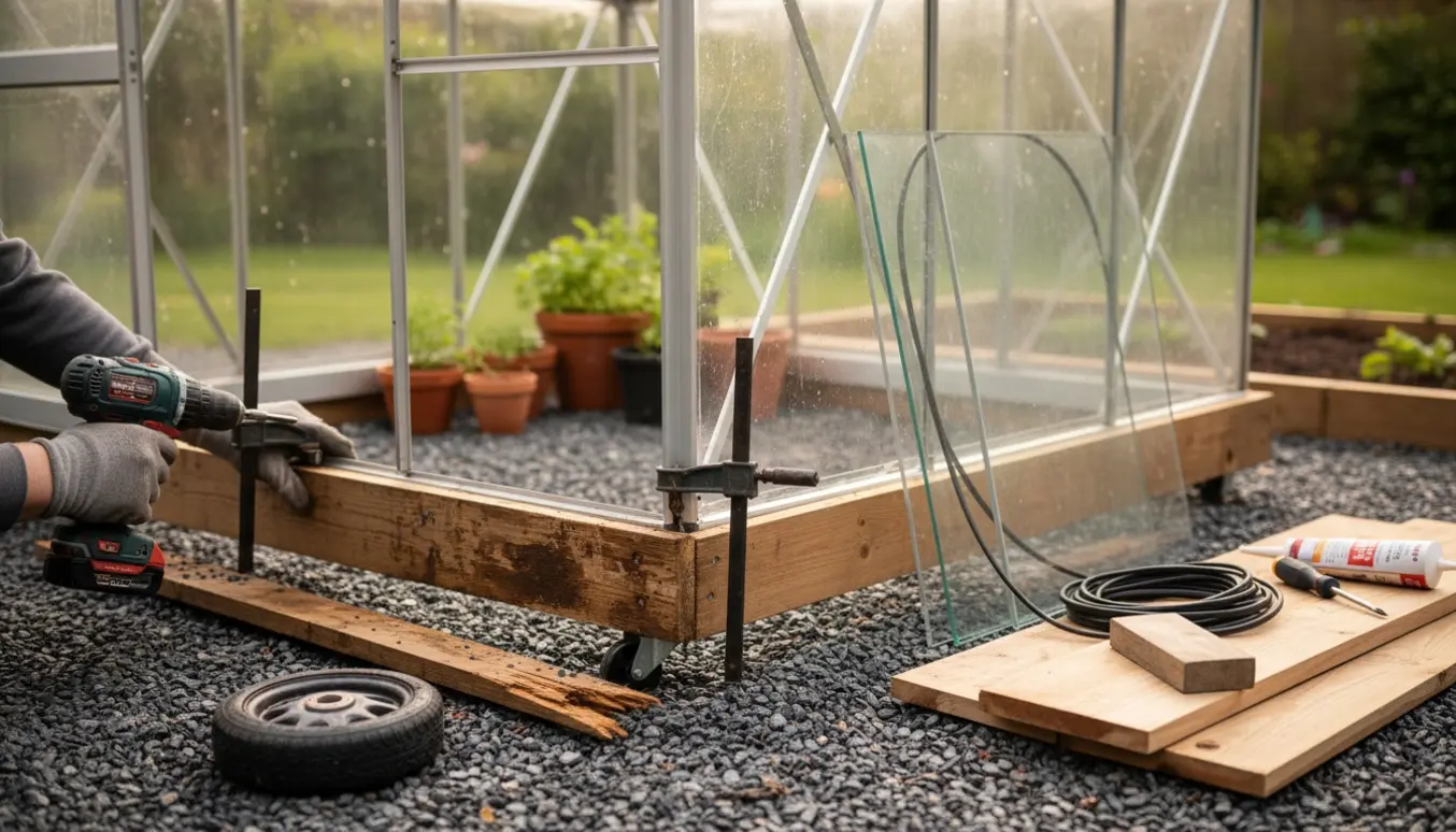 Reparation af et drivhus på hjul med knækket hjul, rådne bundplader, nye træplader, plexiglas og handskerede hænder ved arbejde.
