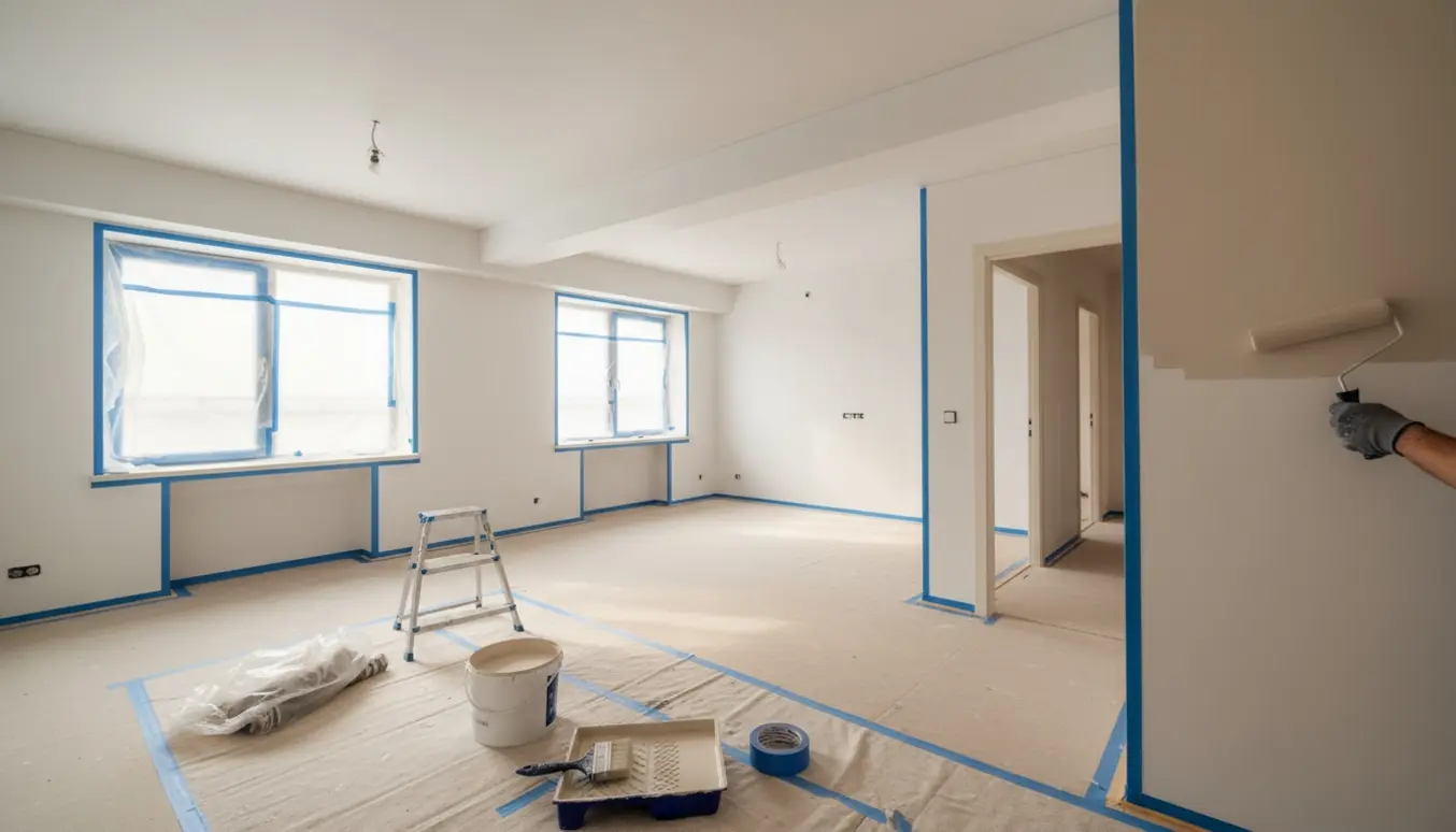 Stue og gang under maling med afdækkede gulve, malerulle, pensel og malerbøtte.