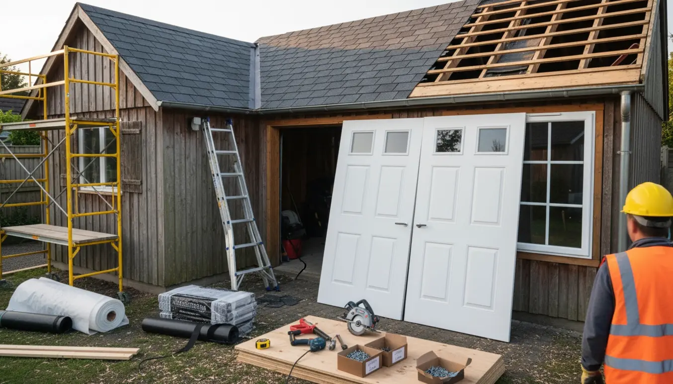 Skur og garage under renovering med delvist udskiftet tag, nye døre og vinduer og værktøj klar.