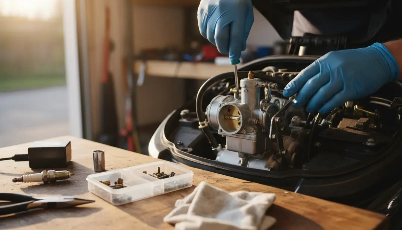 Nærbillede af en scooter-motor med åben karburator og hænder, der arbejder med tændrør og tændspole i et sollyst værksted.