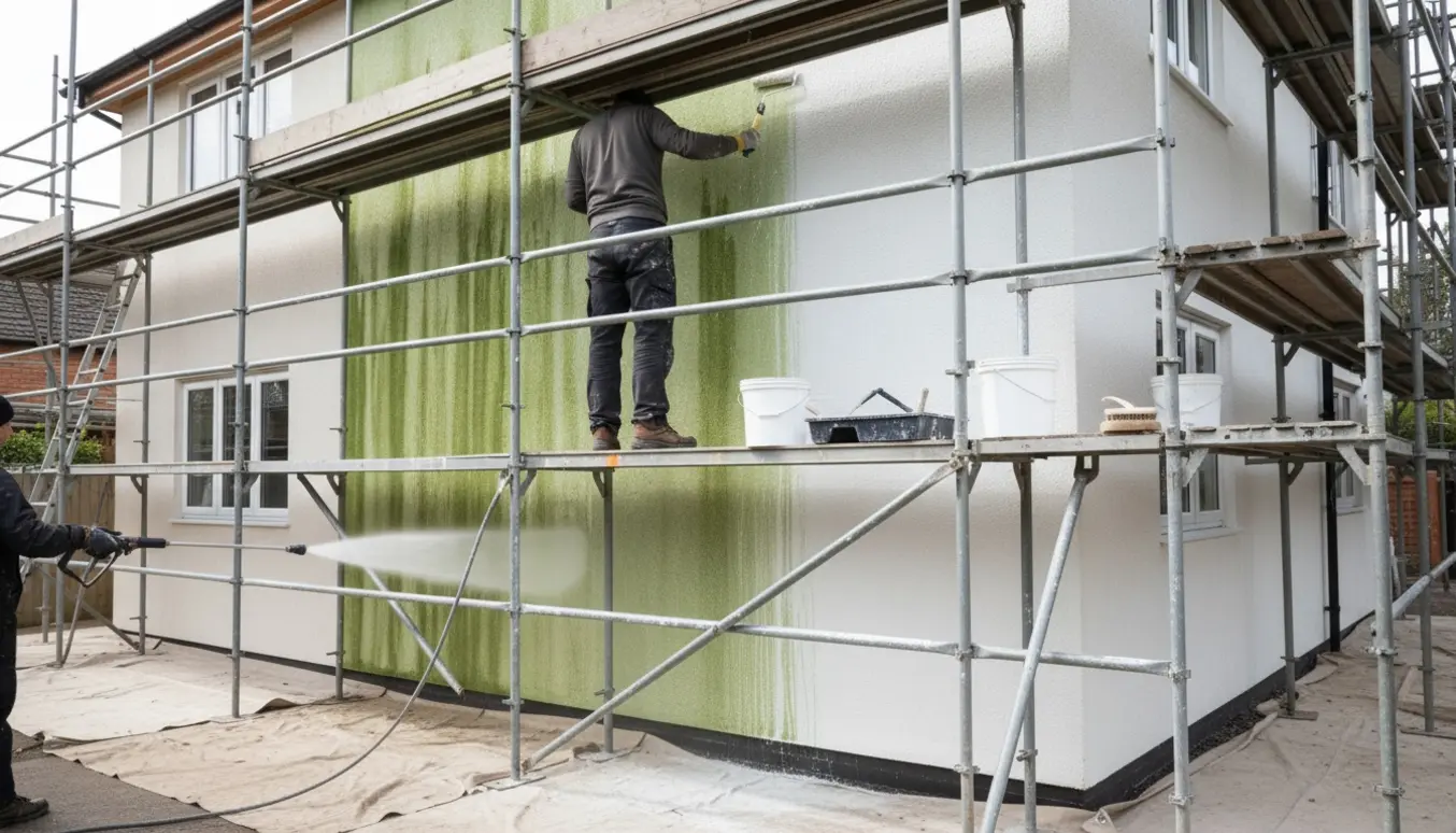 Udvendigt hus på stillads, hvor alger fjernes og frisk hvid alge-resistent maling påføres set bagfra uden synlige ansigter.