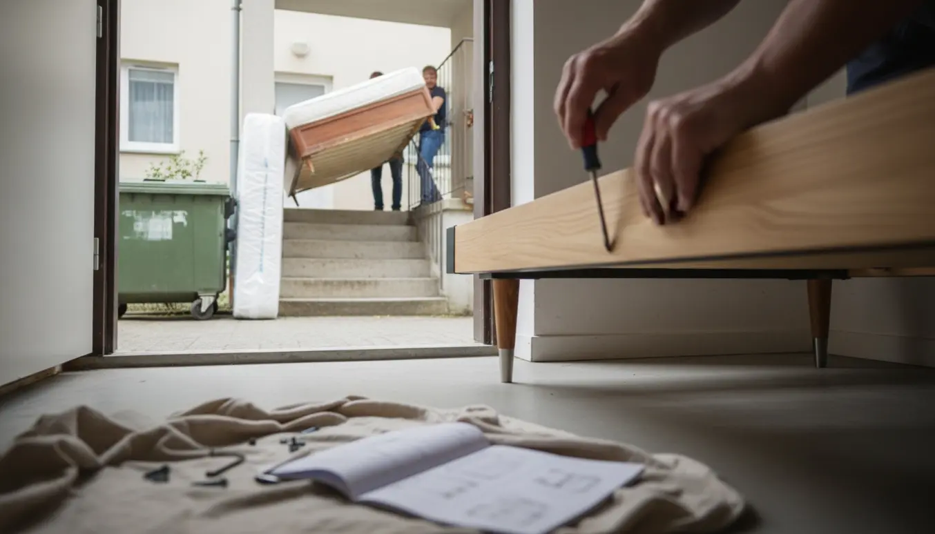 Nærbillede af montering af ben på en ny 120x200 seng i en lys opgang, mens to personer uden synlige ansigter bærer en gammel seng ud til en container.