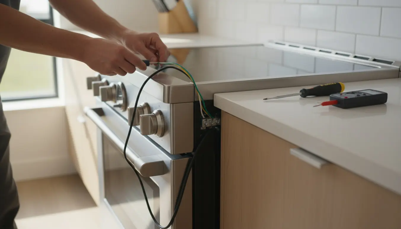 Hænder tilslutter et nyt induktionskomfur til en eksisterende tilslutningsterminal i et lyst køkken.