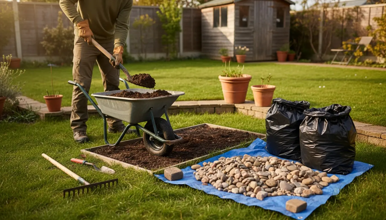 Fjernelse af et mindre bed med trillebør, spade og sække til sten.