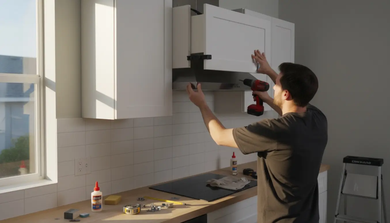 Hvid MDF-rørkasse monteres over emhætten i et lyst, moderne køkken.