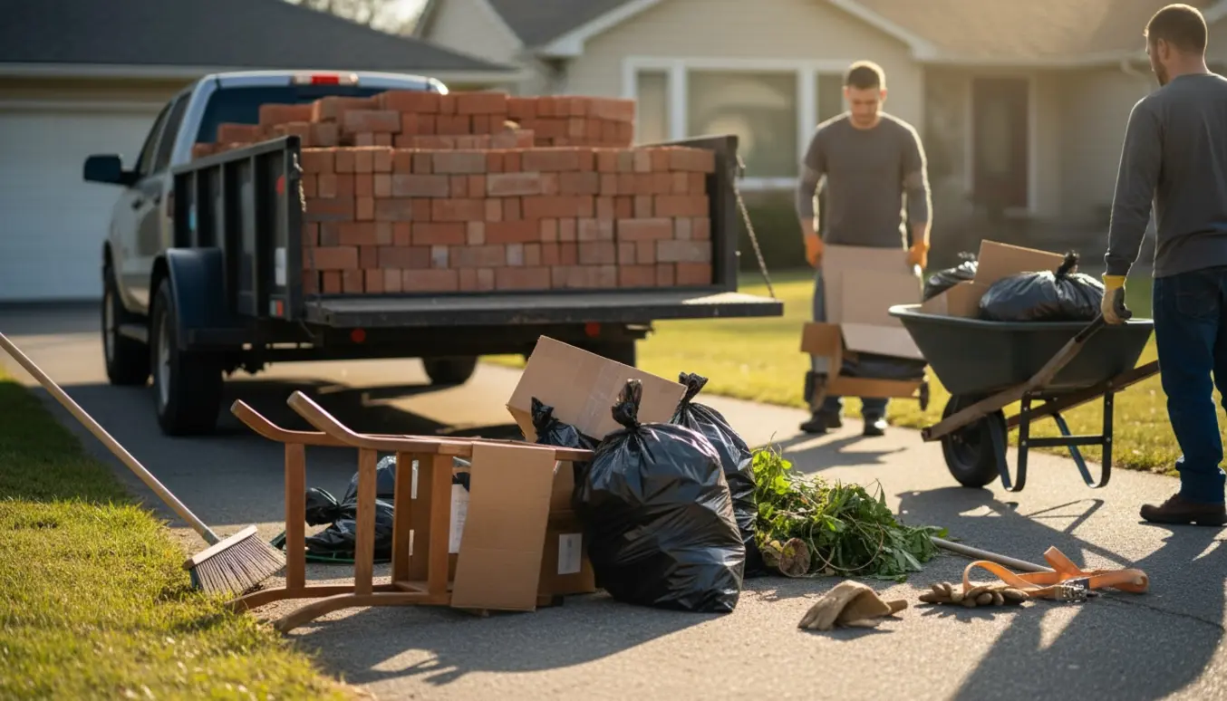 Åben trailer med mursten og arbejdshænder, der læsser affald på en solrig indkørsel.