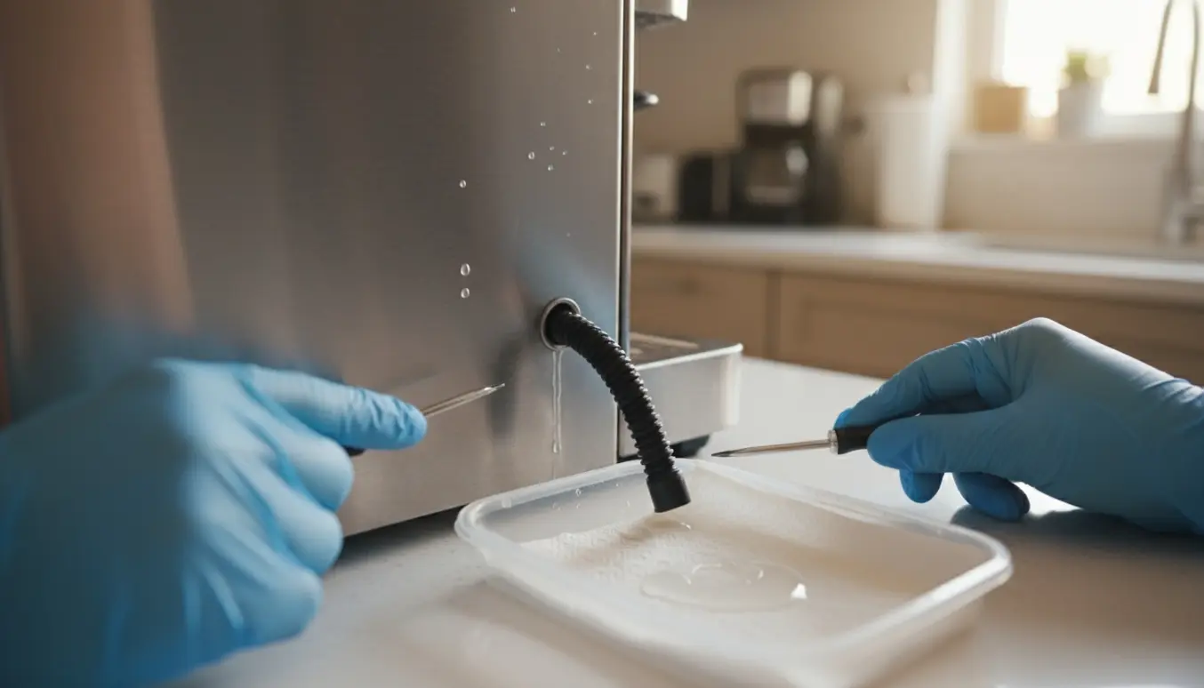 Nærbillede af en stål espressomaskine på køkkenbordet med handsker på hænder, der inspicerer en lille vandlækage ved højre nederste side.