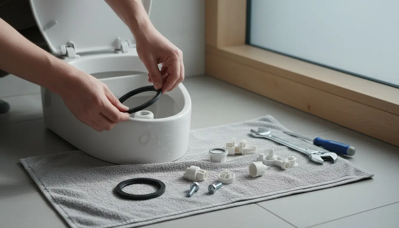 Hænder samler en åben toiletcisterne med ny bundpakning og filter ved siden af værktøj.