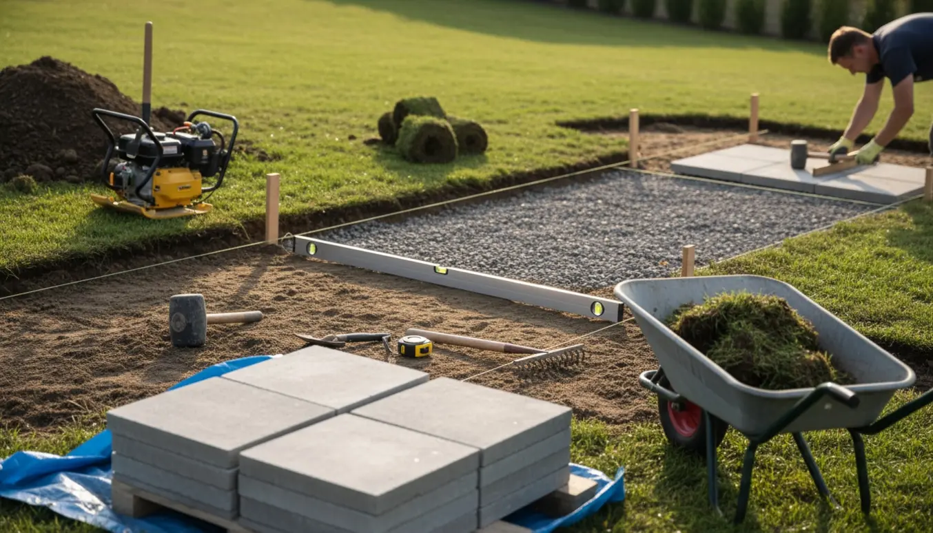 Forberedelse af underlag og lægning af 60×60 cm fliser på en let skrånende, ujævn græsplæne med værktøj og stakke af fliser.