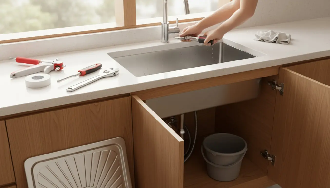 Ny rustfri køkkenvask og kromarmatur installeres med åbent underskab og værktøj synligt.