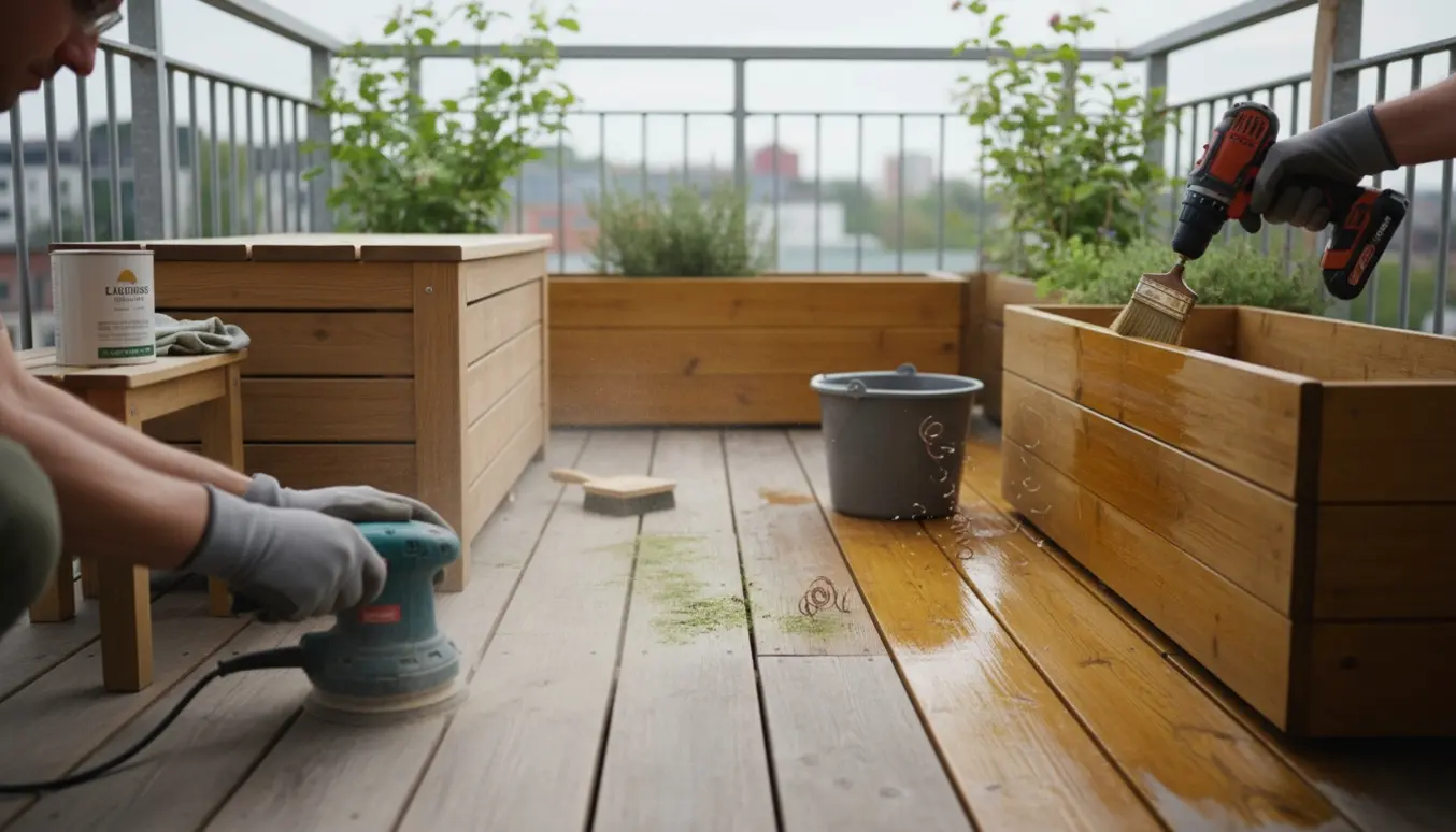 Hænder sliber, renser og olierer træbrædder på en lille altan med værktøj og altankasser klar til dræn.