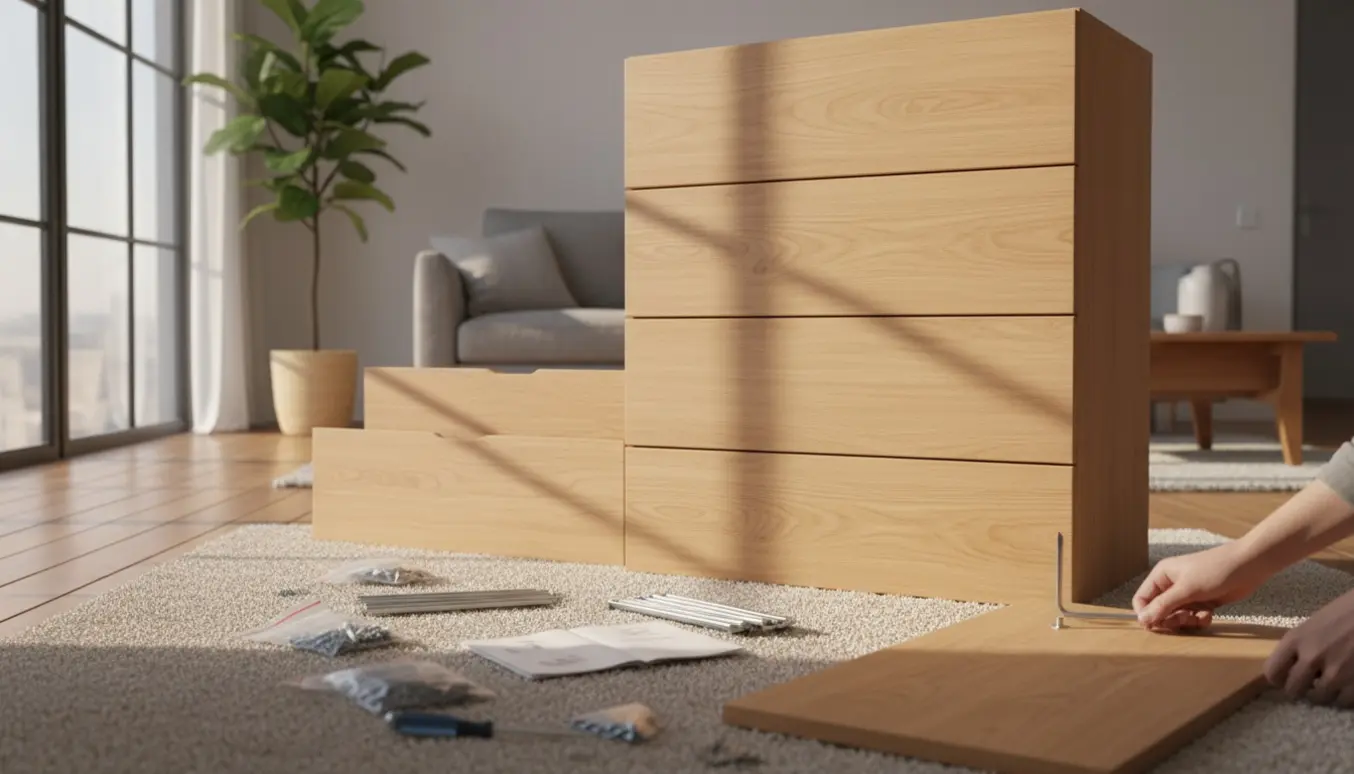 Hænder samler en MALM-kommode med 6 skuffer i en lys stue med værktøj spredt omkring.