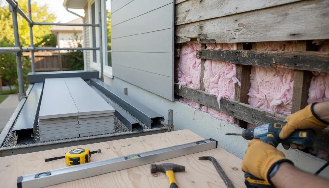 Delvist afrenset 1. sals facade med rådnede lægter, nye fiber-cement planker og værktøj på stillads.