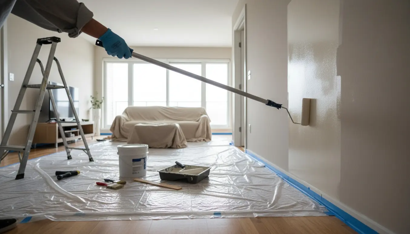 Hænder maler væg og kant af loft i en lys lejlighed med afdækket gulv og malerværktøj.
