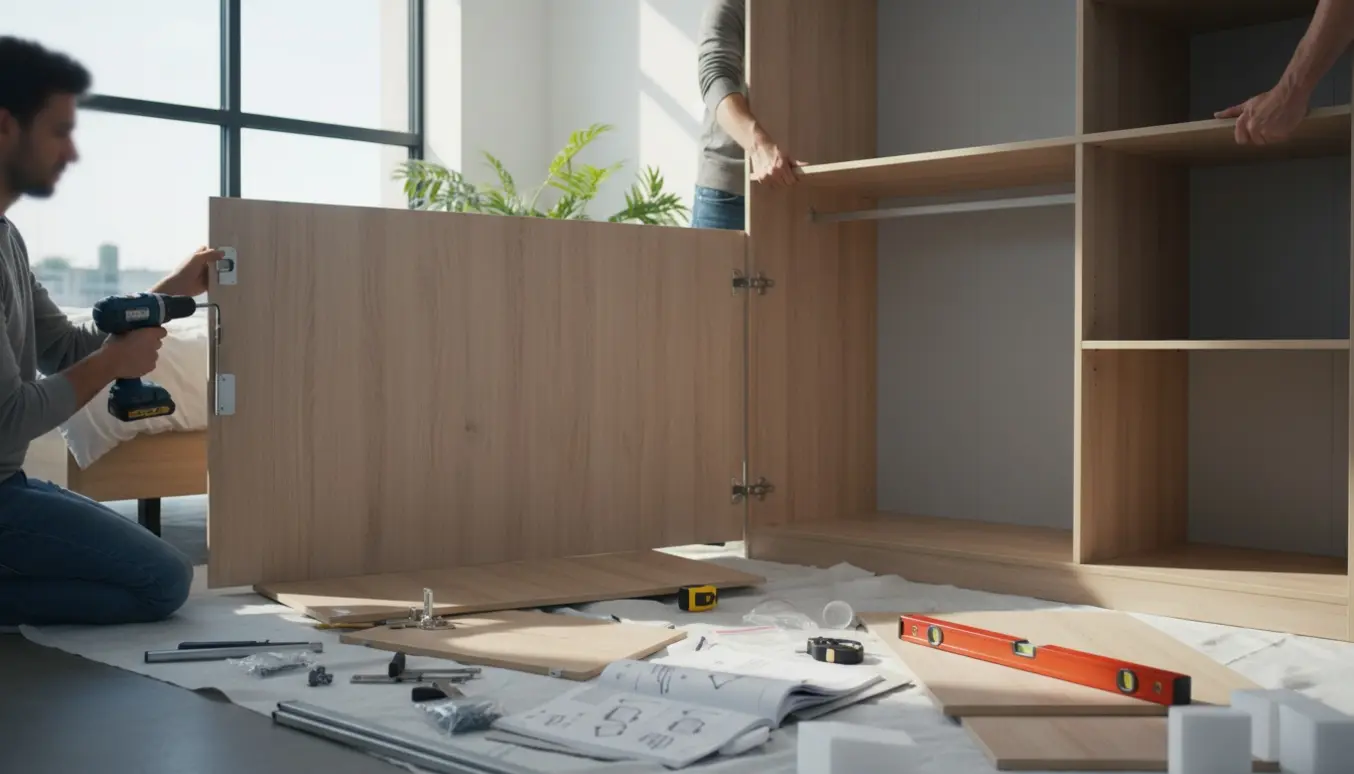 To halvmonterede garderobeskabe i et lyst værelse omgivet af værktøj og monteringsdele.