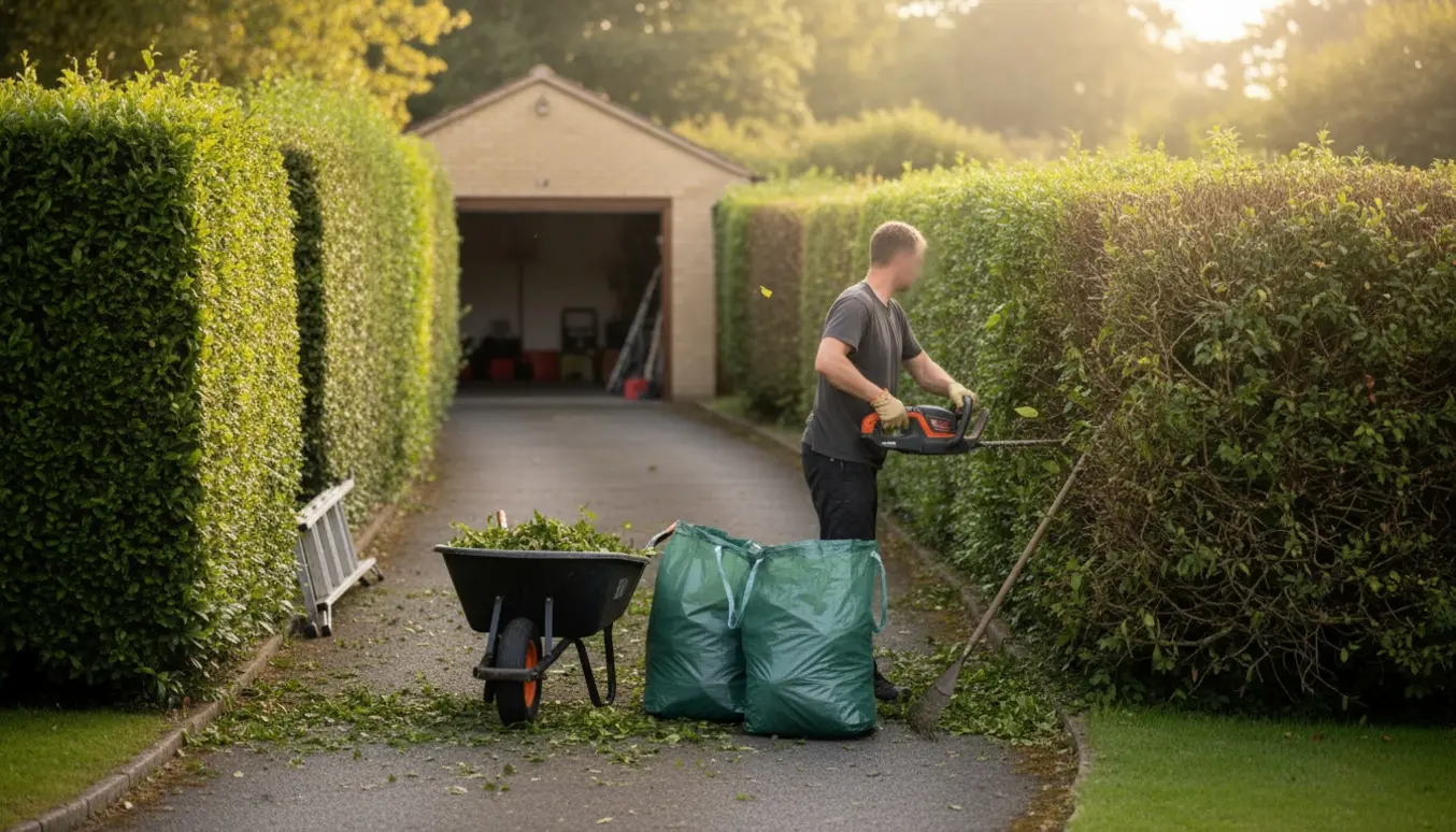 Beskæring af en lang ligusterhæk ved garageindgang, hækkeklipper og skubbevogn med afklip.