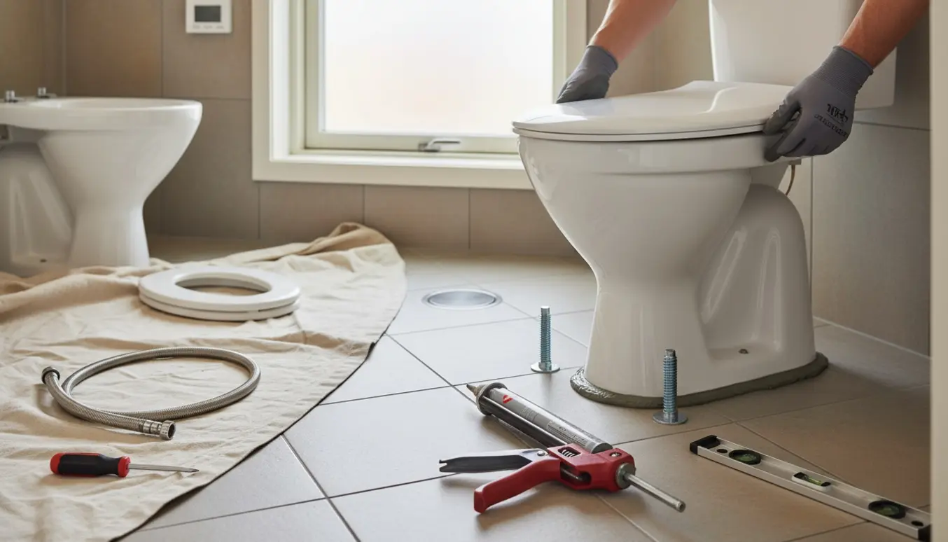 Nærbillede af montering af nyt IFØ Cera-toilet med grå silikonefuge og genbrugt vandtilslutning.