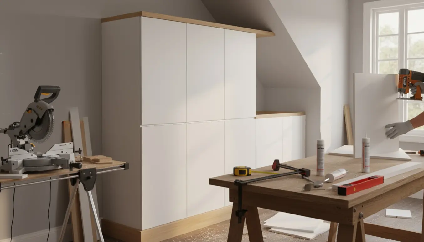 Håndværker måler og skærer skabe til montering af sokkel og topstykke med værktøj og savstøv i et lyst rum.