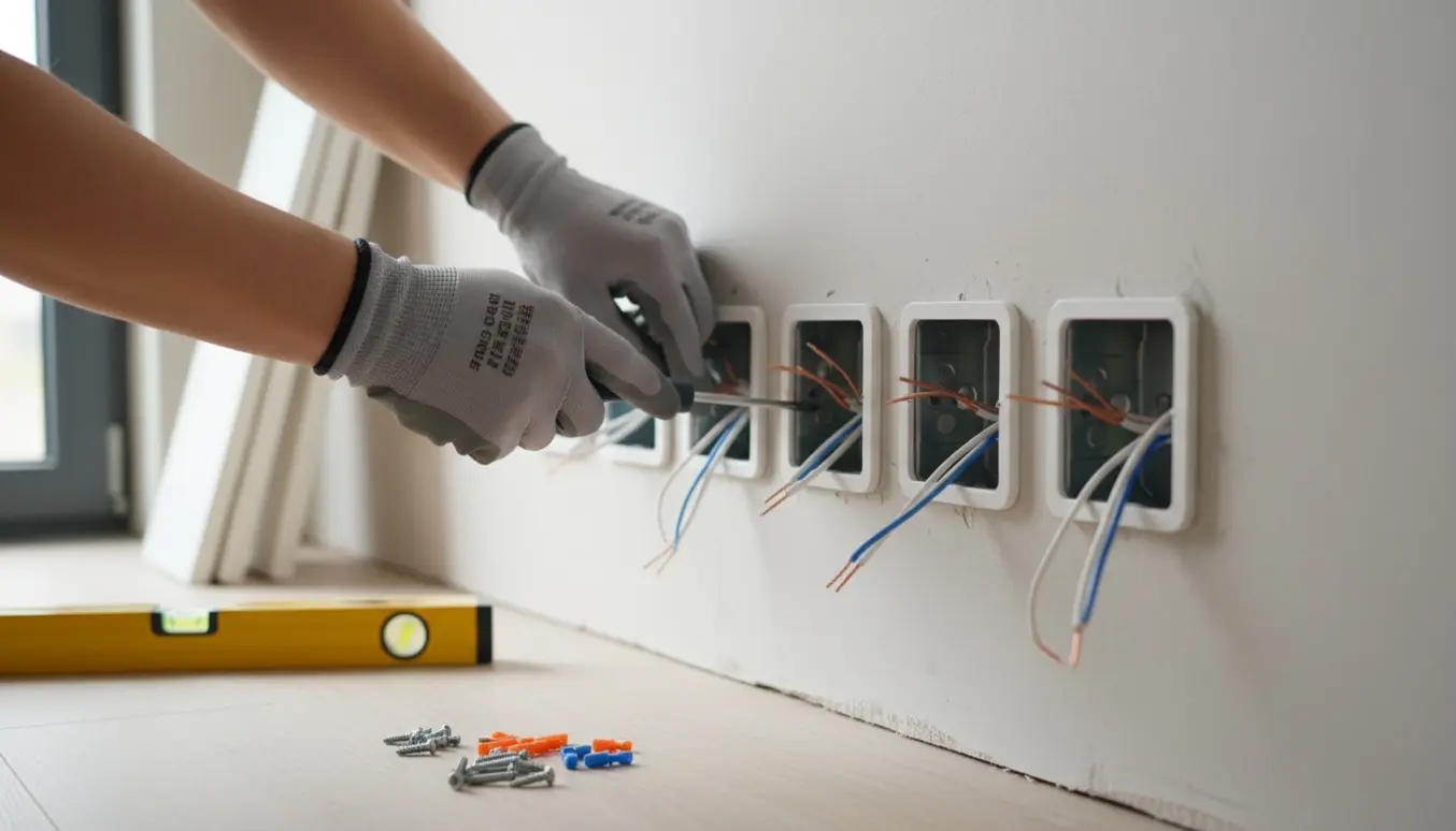 Nærbillede af hænder, der skrue stikkontakter i en væg, klar til montering af fodpaneler.