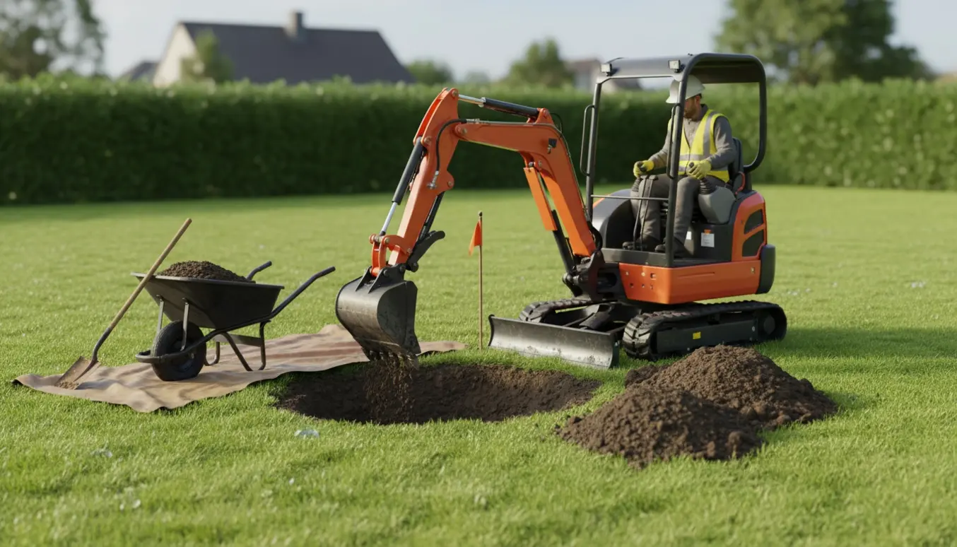 En lille gravemaskine fordyber et eksisterende hul i græsplænen, jord lagt i praktiske bunker ved siden af.