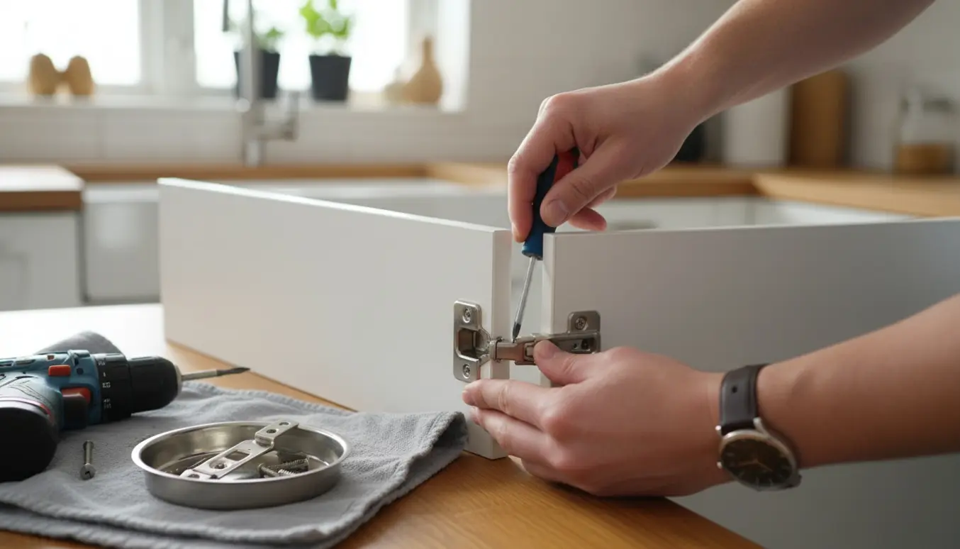 Nærbillede af hænder, der udskifter et køkkenskabshængsel med skruetrækker og nyt beslag.
