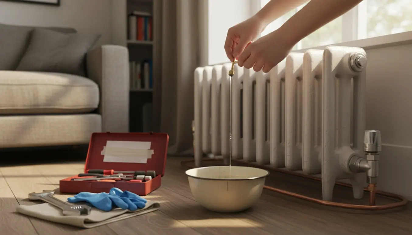 Hænder bruger en nøgler til at lufte en radiator, med vand i en skål under ventilen.