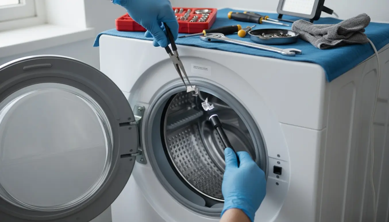 Nærbillede af en åben vaskemaskinetromle med hænder, der trækker et metalstykke ud med tænger.
