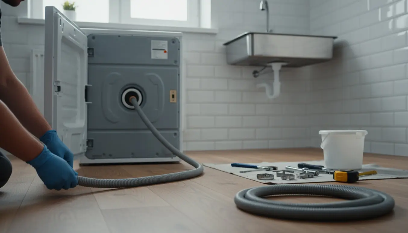 En vaskemaskine installeres med en 2 m afløbsslange ført mod vasken i et køkken.