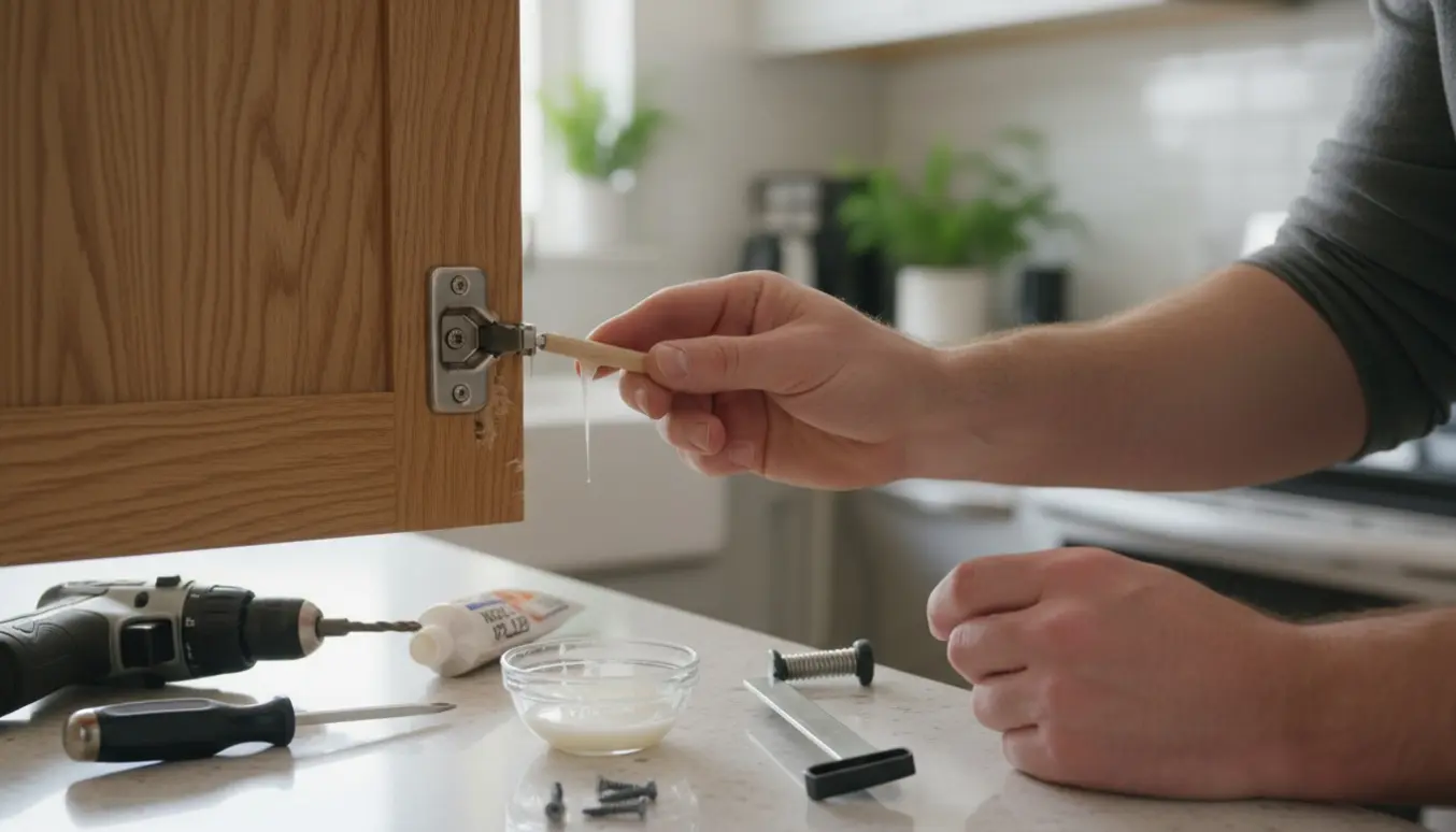 Hånd reparerer udslidt skruehul i hængsel på et køkkenskab med træplug og værktøj.