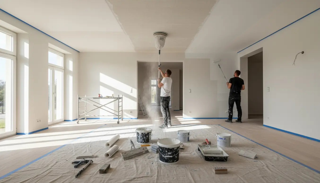 Nyt loft under arbejde i en lys stue med spartel, slibemaskine, rulle, filt og malerbøtter klart til brug.