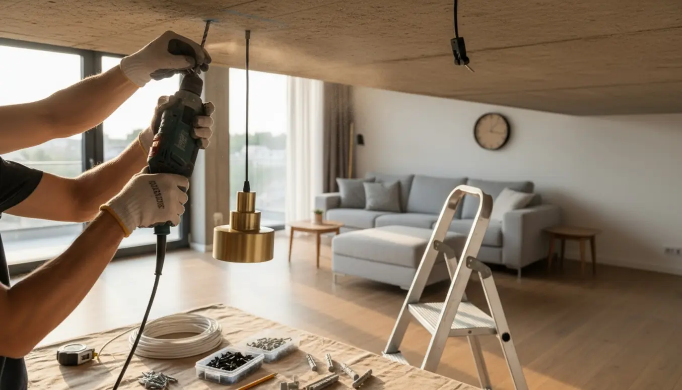Hænder bruger en hammerboremaskine i et betonloft i en stue med lamper og kabelbeslag klar.