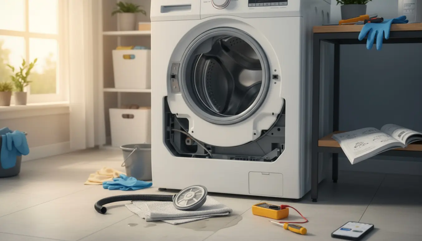 Åben frontbetjent vaskemaskine med filter fjernet og værktøj klar til fejlfinding i et lyst bryggers.